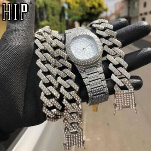 Hip Hop 1Kit 20MM Watch +Necklace +Bracelet Iced Rhinestones Prong Cuban Chain CZ Bling Rapper Heavy Necklaces For Men Jewelry