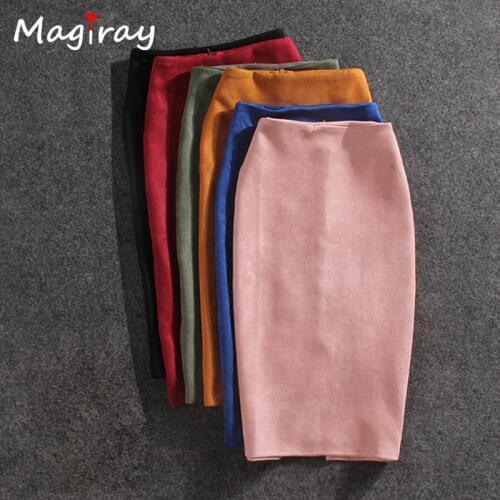 Magiray Harajuku High Waist Pencil Skirt Women Split Suede Knee Length Autumn Winter Skirt Vintage Sexy Black Pink Skirt C465