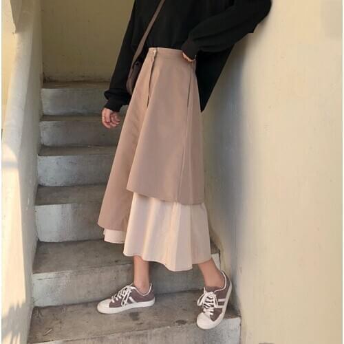 Women Irregular Mid Skirts 2020 Autumn Spring Fashion Vintage High Waist Patchwork Skirt Female Knee Length A-line Casual Skirts
