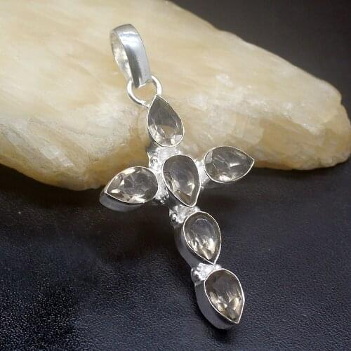 Gemstonefactory Jewelry Big Promotion Single Unique 925 Silver Cross Drop Smoke Topaz Women Lady Necklace Pendant 20210231