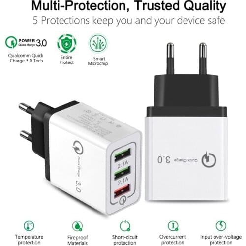 3 Ports QC 3.0 USB Charger 18W Quick Charger For Samsung Huawei Xiaomi IOS android Fast Charging QC3.0 EU Plug with USB cable