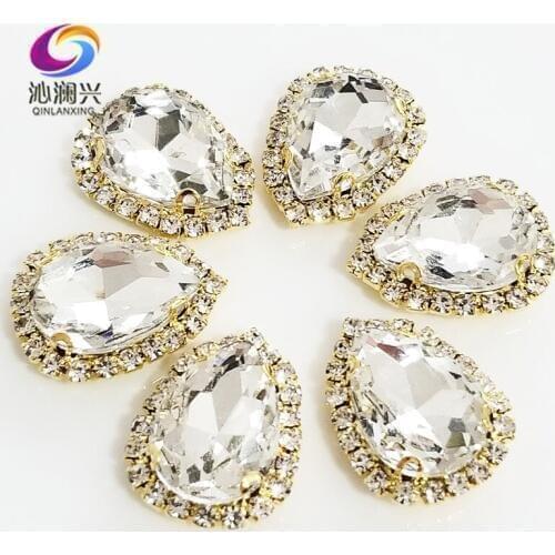 Factory sales Golden bottom Top grade Glass Crystal buckle,Drop shape white sew on rhinestones,Diy wedding decoration 10pcs/pack