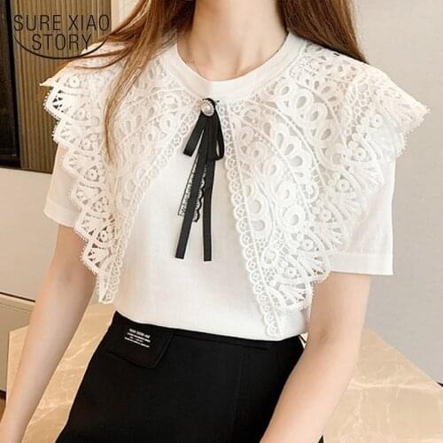 Women Tops Summer 2021 Sweet Big Peter Pan Collar Ice Silk Shirt Lace Blouse Knitwear White Black Short Sleeve Knit Shirt 14257