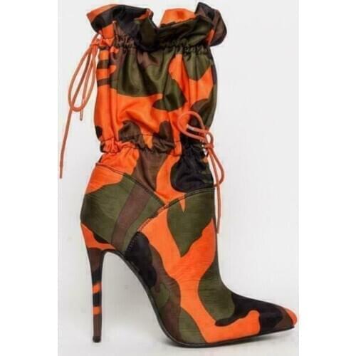 Womens Pointed Toe Camouflage Mid Calf Riding Boots High Slim Heels Shoes 2021 Stilettos Mixed Colors New Plus Size 34-46