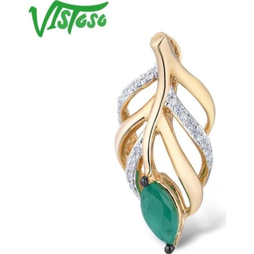 VISTOSO Gold Pendants For Women Authentic 14K 585 Yellow Gold Hollow Leaves Magic Emerald Sparkling Diamond Elegant Fine Jewelry
