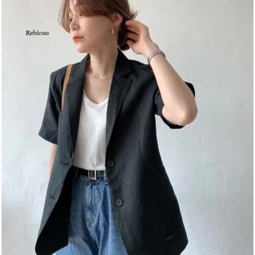 Women Jackets Korean Cotton Linen Casual Blazer Loose Short Sleeve Suit Blazer Coat Summer Solid Vintage Elegant Outwear New