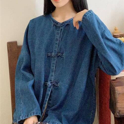 Johnature Spring Leisure Retro Solid Color O-neck Long Sleeve Single Breasted Denim Coat 2021 New Loose All-match Women Tops