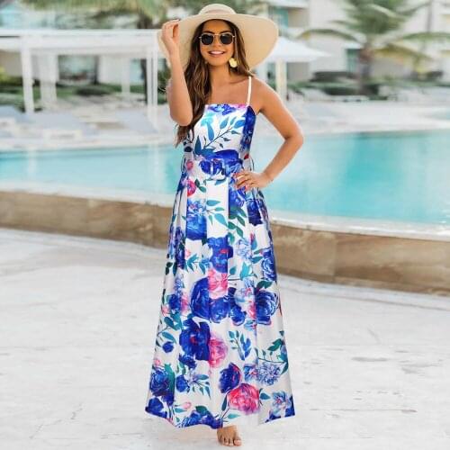 Women Summer Bohemian Style Fashion Sexy Backless Spaghetti Strap Maxi Dress Vintage Print Sleeveless A-line Beach Dress Vestido