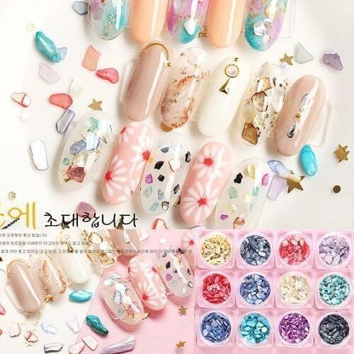 1 set/lot 12 Pots Natural Sea Shell 3d Charm 12 colors/set natural shell gravel nail art decoration acrylic nail rhinestone