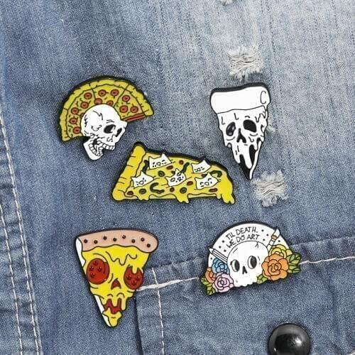 50PCS/ LOT Wholesale Creative Retro Punk Pizza Brooch Enamel Pin Ghost Skeleton Badge Buttons Brooch Shirt Kids Bag lapel Pin