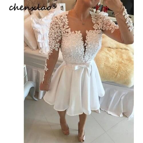 White Short Homecoming Dresses Vestido De Festa Curto Lace Long Sleeve Pearls Beaded Dresses Graduation Prom Gowns