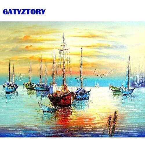 Frameless Sunset Boat DIY Painting By Numbers Seascape Modern Wall Art Hand Painted Oil Painting On Canvas For Living Room Decor