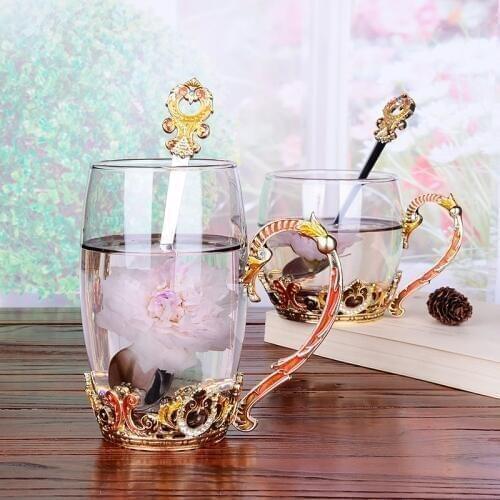 Milk juice cups Creative enamel cups flower cups coffee cups European style heat-resistant glass