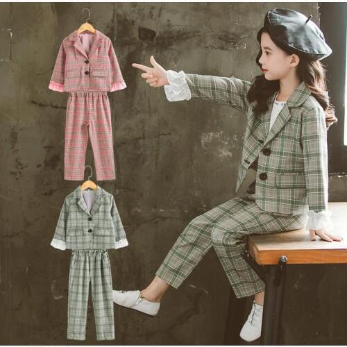 Teenage Girls Clothing Set Autumn Girls Plaid Suit Jackets +Pants School Tracksuit Girls Clothes Children Clothes 4-13 Years