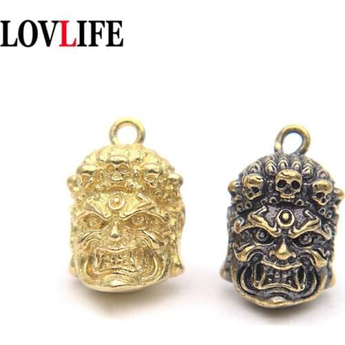 Brass Buddha Aryaacalanatha Head Pendant Car Keychain Punk Skull Bodhisattva Figurines Key Chain Hanging Jewelry Vintage Keyring