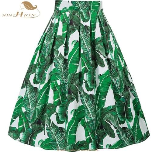 Leaf Green Retro Floral Print Vintage Pleated Skirts Womens 2021 50s High Waist Plus Size Midi Cotton Summer Swing Skirt SS0012