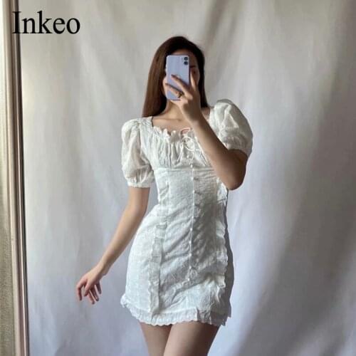 Sexy Lace Mini dress Women Fashion Square collar bodycon Slim Soft party dresses white sweet 2021 New holiday summer INKEO 1D018