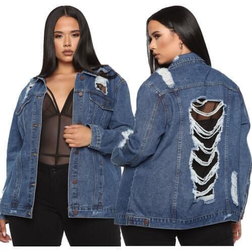 Fashionable Women Plus Size Solid Denim Coats 2021 Spring Lady Turn-down Collar Single-Breasted Ripped Streetwear Loose Jackets
