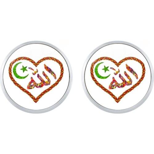 Muslim Islamic Allah Symbol Stud Earrings Islam Arabic 12mm Glass Cabochon Silver-plated Earrings Jewelry Women Religious Gift
