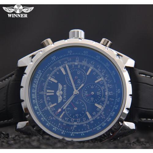 Men mechanical watches WINNER brand men automatic 6 hands leather strap watches auto date black dials for men male wristwatches