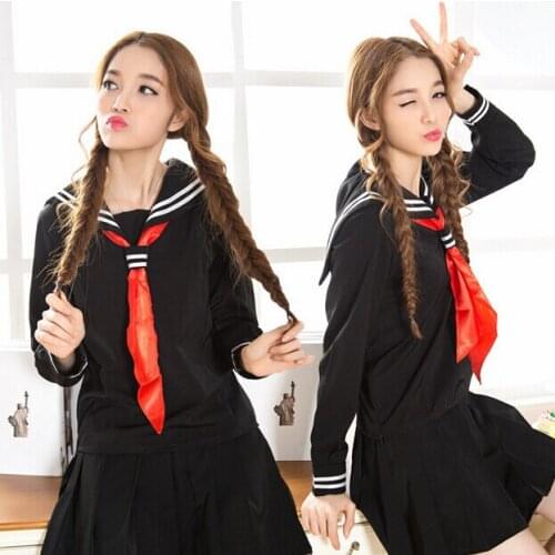 JK Cosplay Black japanese School uniform 2 white bar Sailor collar sailor uniform shirt +skirt +Scarf