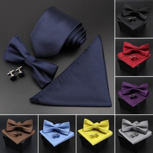 Solid Color Striped Bowtie Handkerchief Cufflinks Set Men Fashion Butterfly Party Wedding Bowties Novelty Ties Gift Without Box
