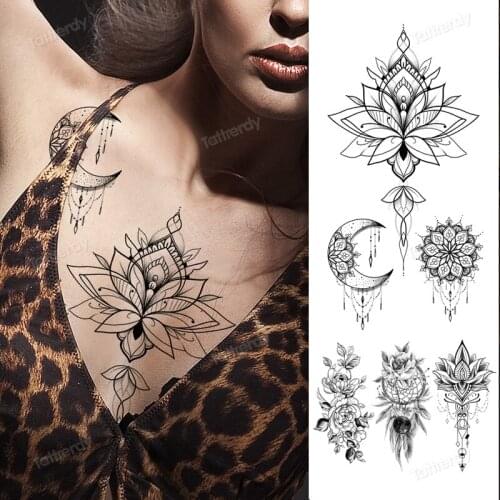 Sternum tattoo mandala sexy waterproof temporary tatoo for women underboob tattoo arabic indian black henna lace lotus peony