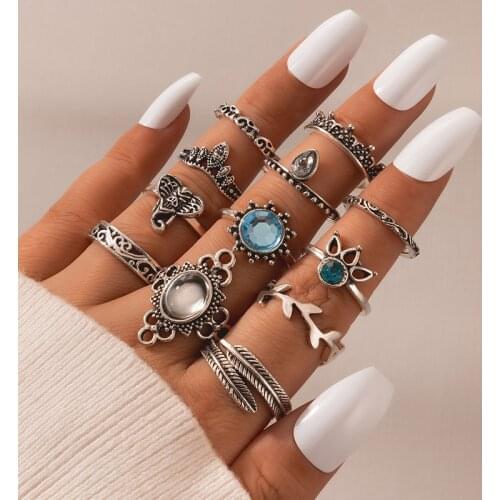 Tocona 12pcs/Set Bohemian Vintage Antique Silver Color Elephant Leaf Crown Finger Midi Knuckle Rings Set for Women Jewelry 6581