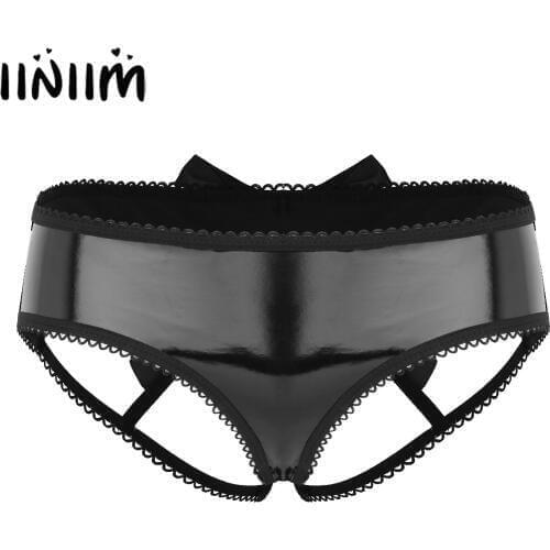 Womens Sexy Panties Cut Cage-Back Hipster Panty Lingerie Wetlook Faux Leather Bowknot Open Butt Crotchless Briefs Underwear