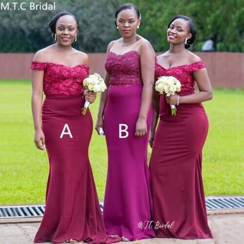 Burgundy Mermaid African Bridesmaid Dresses 2020 Two Styles Off The Shoulder Pearls Lace Long Wedding Guest Dress Customize