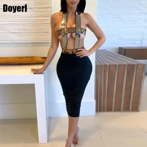 Hollow Out Summer Sexy Club Bodycon Dress Women Black Backless Halter Elegant Midi Party Dress Celebrity Bandage Dresses 2021