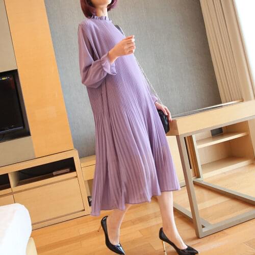 Women 2021 Autumn New Fashion Solid Color Pleated Dress Female Long Sleeve Loose Vestidos Ladies Mid-long O-Neck Dresses V564
