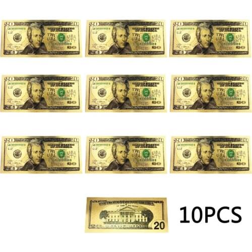 10pcs USA 20 Dollar Gold Foiled Platsic Banknote Bill Fake Money United States OF America Replica Coin Souvenirs Drop Shipping