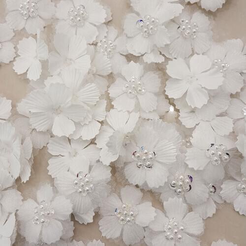 20 Pcs 3D sew on Patch Flower Satin Lace Flower with Pearls Cloth Paste Hot Melt flower For Headband Wedding Dress Accessories