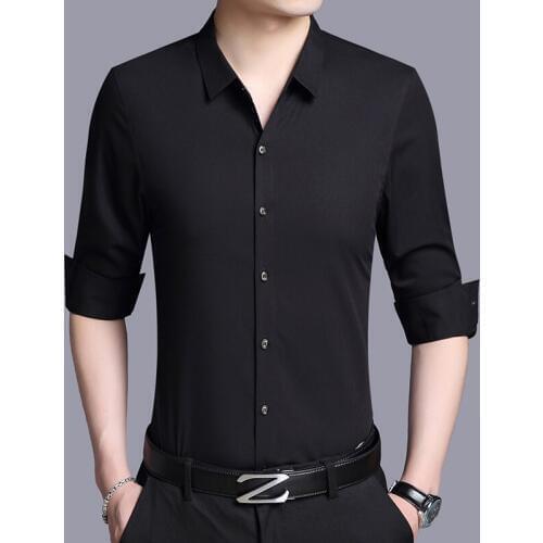 2020 Spring Men Shirt Long Sleeve White Real Silk Shirt Black Mens Shirts Casual Slim Fit Korean Social Camisa Masculina KJ1966