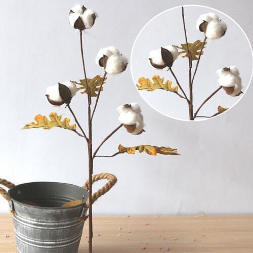 4 Pcs/lot Ornamental Cotton Dried Flower 4 Head with Leaf Natural Cotton Branch Free Shipping