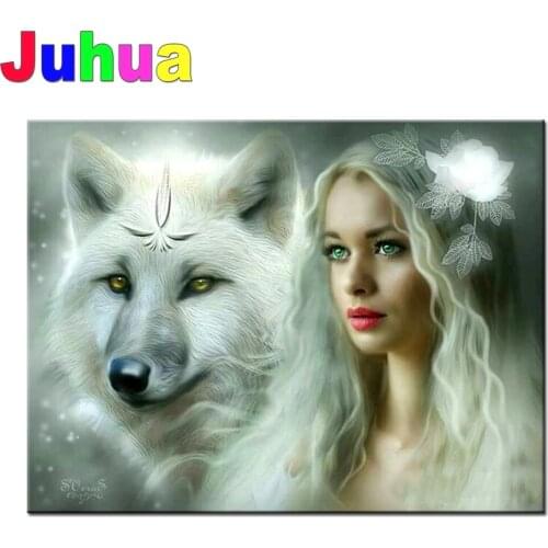 5d Diy diamond painting Wolf And Woman full square Round Drill, diamond embroidery Rhinestone cross stitch Animal and girl
