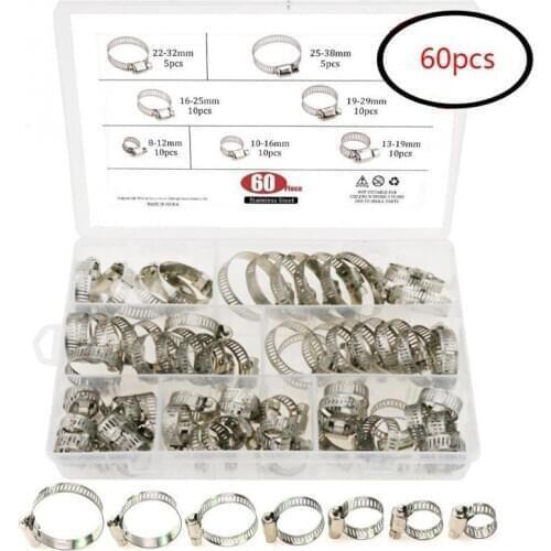 60 PCS/Box Multi Size 8mm-38mm Stainless Steel Hoop Clamp Hose Clamp Stainless Steel Set automotive pipes clip Fixed tool