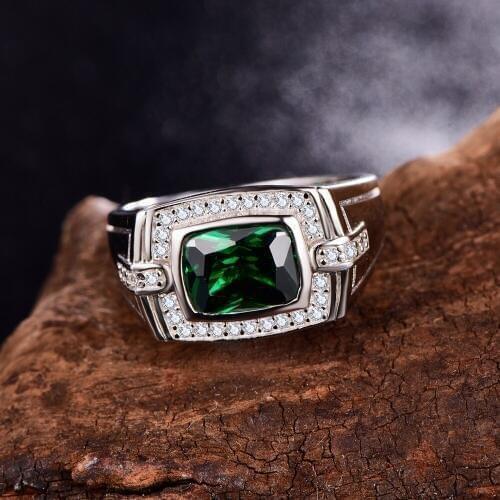 BONLAVIE 925 Sterling Silver Mens Ring Green Rectangle Zircon Wedding Bands Engagement Jewerly Gift