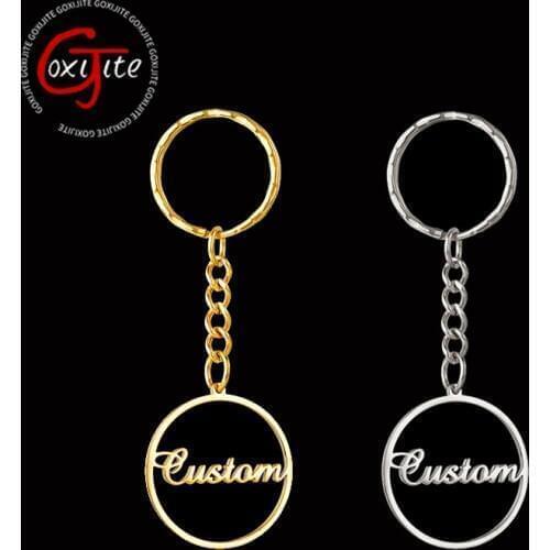 Goxijite Custom Name Round Pendant Keychains Personalized Gold Circle Key Chain With Name Women Men Jewelry Gift