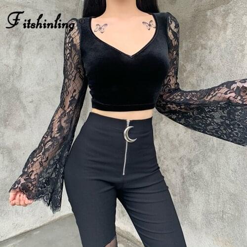 Fitshinling Gothic Patchwork Lace Velvet T Shirt Women Dark Slim Sexy Hollow Out Crop Top Flare Sleeve V Neck Female T-Shirt New