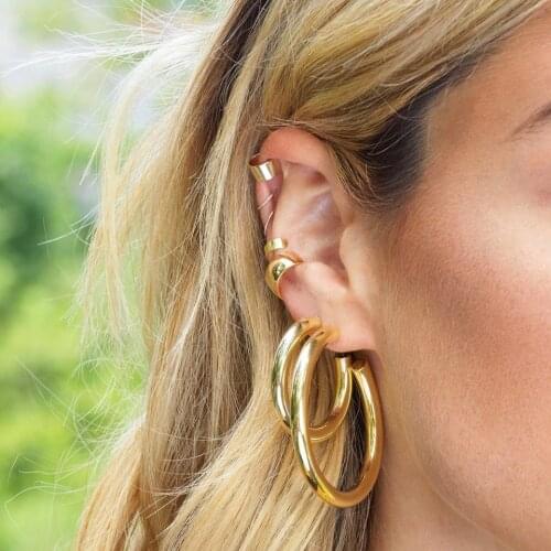 Classic And Simple 6*45MM Smooth Hollow Hoop Earring Gold Silver Colors European Women Big Thick Hoops 925 Sterling Silver Pin