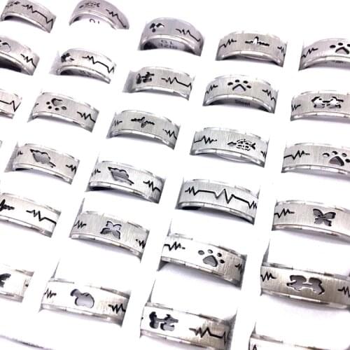 Wholesale 36PCs/Lot Mens Womens Fashion Rings Heartbeat ECG Stainless Steel Cutting Pattern Jewelry Band Party Gifts