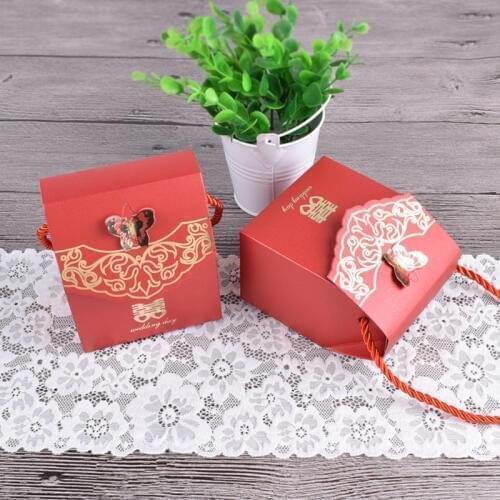 Red color paper bag with handles 9*6.5*11cm DIY Multifunction Festival gift bag wedding party gift kraft paper bags F20173882