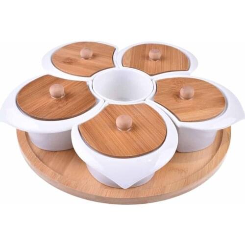 Creative Bamboo Snack Breakfast Serving Platter Tray Porcelain Bowls with Bamboo Lids Set of 12 Kitchenware Picnic Snack Serving
