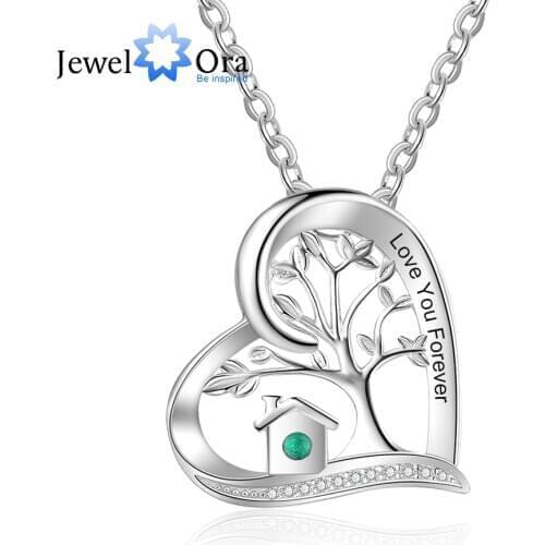 JewelOra Personalized Tree of Life Engraving Heart Pendant Necklace Customize Birthstone Inlaid Jewelry Birthday Gifts for Girls