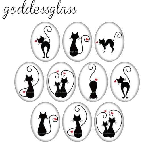 Lovely black Cat Cartoon 10pcs mixed 13x18mm/18x25mm/30x40mm Oval photo glass cabochon demo flat back Making findings