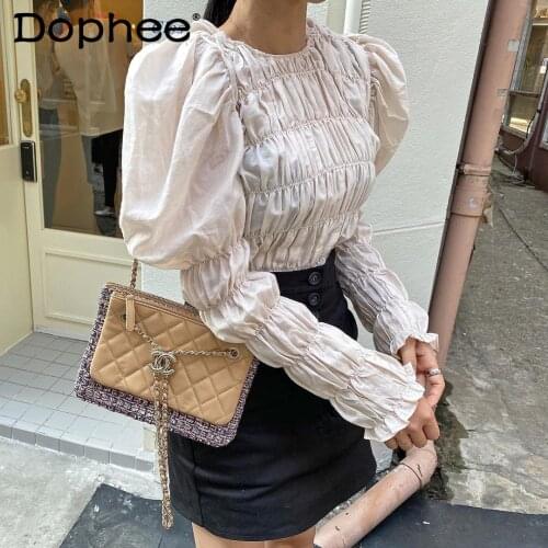 Fashion Round Neck Elastic Pleated Shirt Retro Solid Color Top Puff Sleeve Blusas Underwear Spring Blouse Women