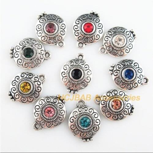 Fashion 10Pcs New Round Charms Tibetan Silver Tone Retro Mixed Crystal Pendants 14x18.5mm