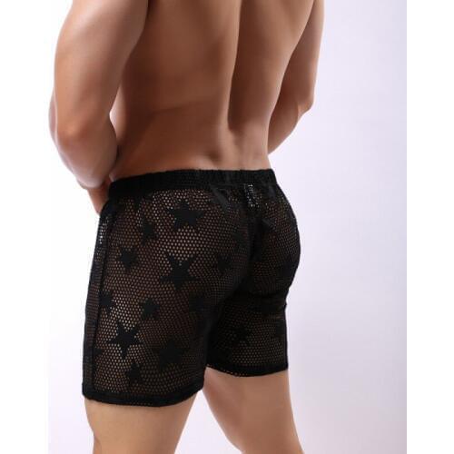 Mens Home Pants Casual Star Mesh Breathable Fabric Fishnet Underwear Men Transparent Boxer Heren boxershort Cueca Man Gay